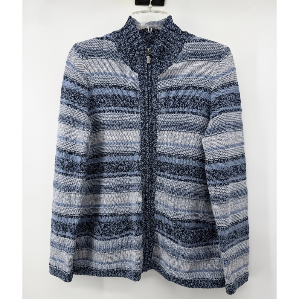 LL Bean Womens Large Petite Blue Striped Cotton Full Zip Cardigan Sweater 501613